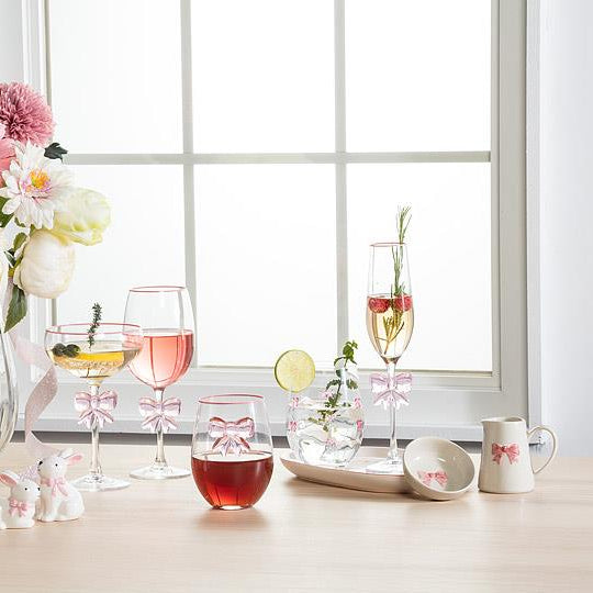 Stemless Wine Glass with Pink Bows Set/2