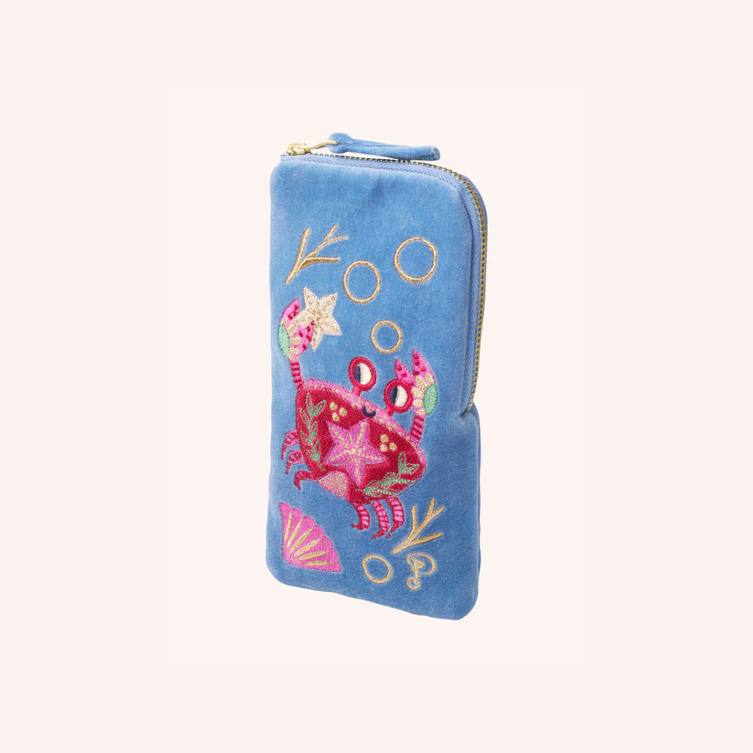 Velvet Embroidered Sunglasses Pouch - Seafaring Crab