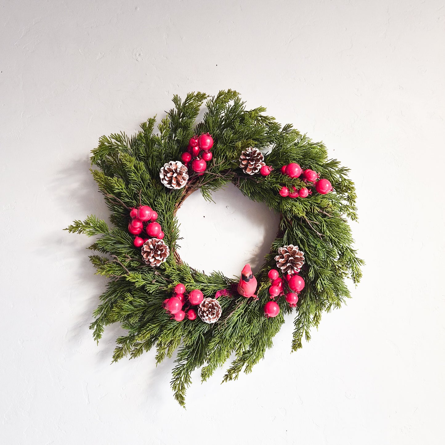 24" Red Berry & Cardinal Cypress Wreath