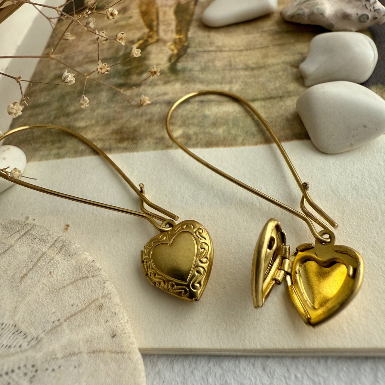 Raw Brass Heart Locket Drop Earrings