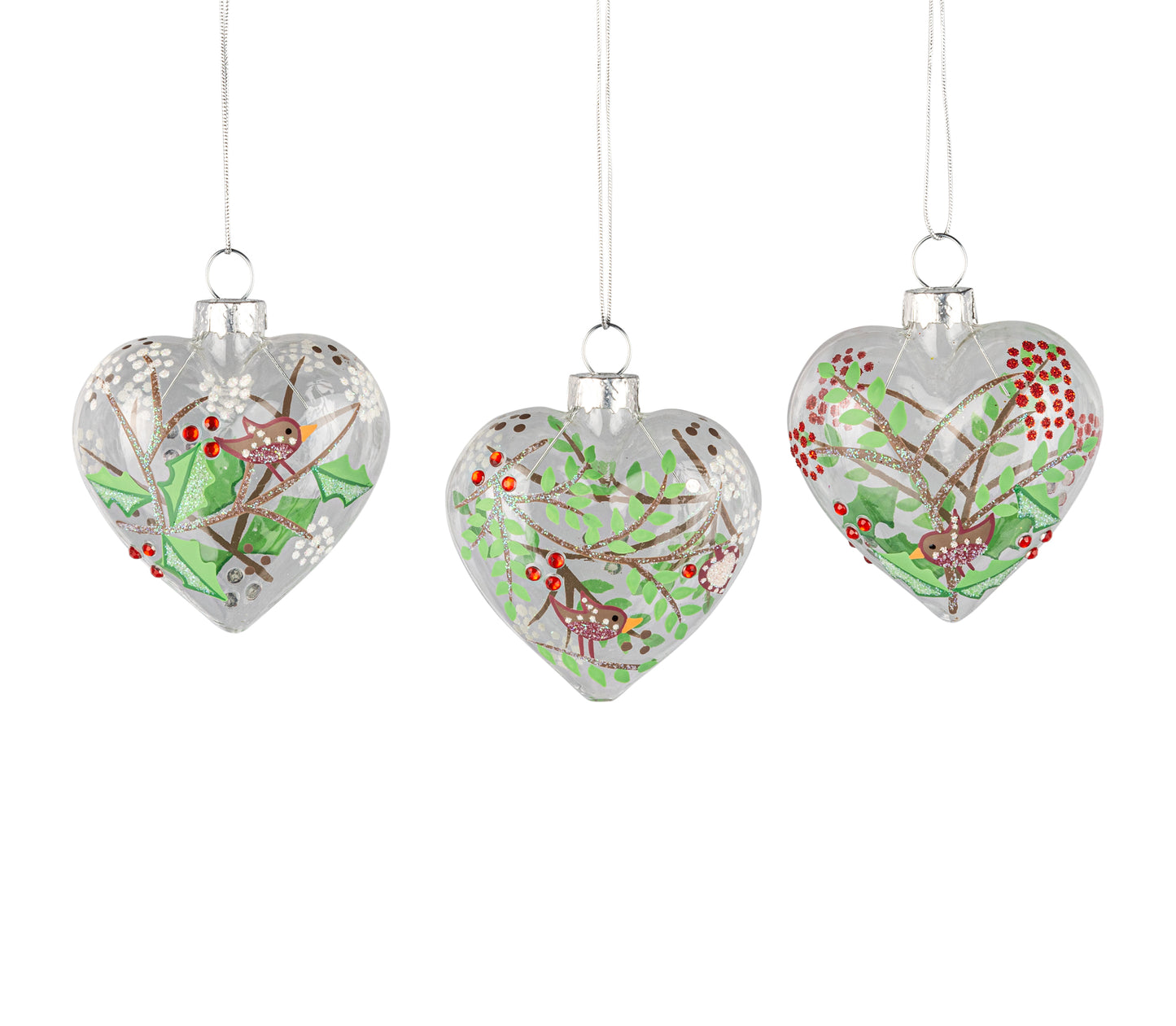 Mini Bird Motif Glass Heart Ornaments