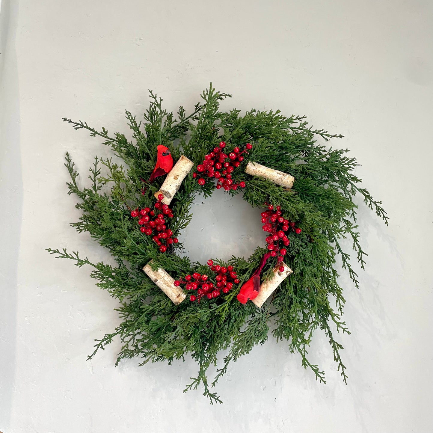 24" Cardinals and Birch Cedar Wreath