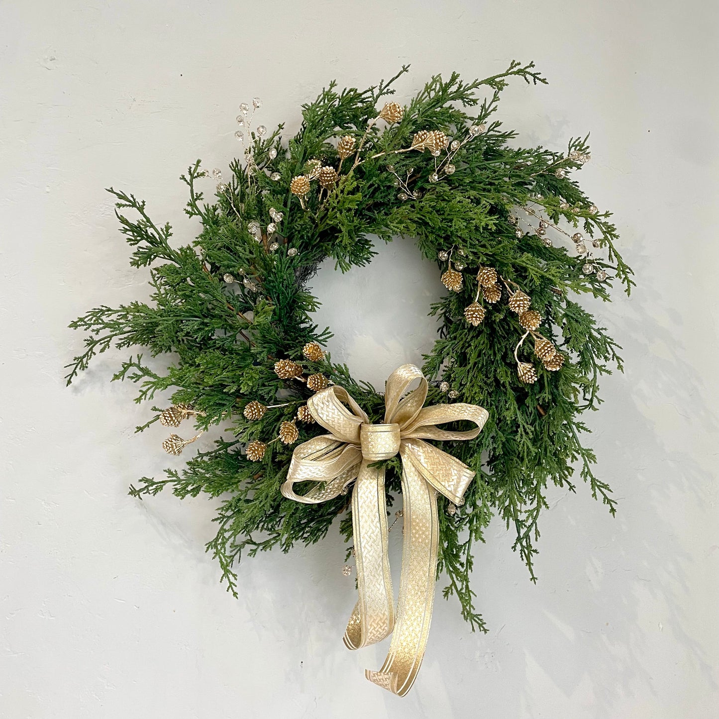 24" Gold Pinecone and Crystal Cedar Wreath