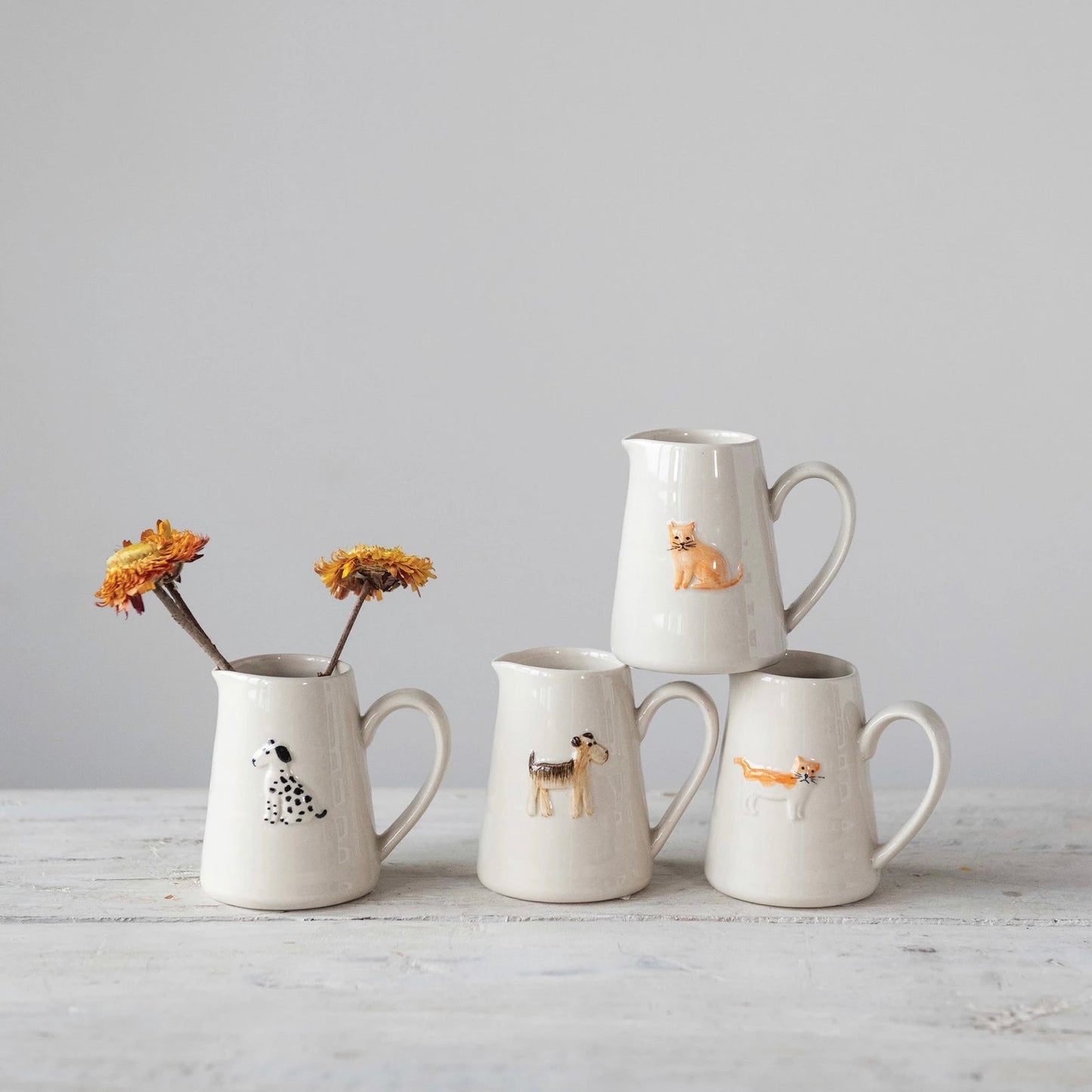 Handpainted Cat and Dog Embossed Creamers