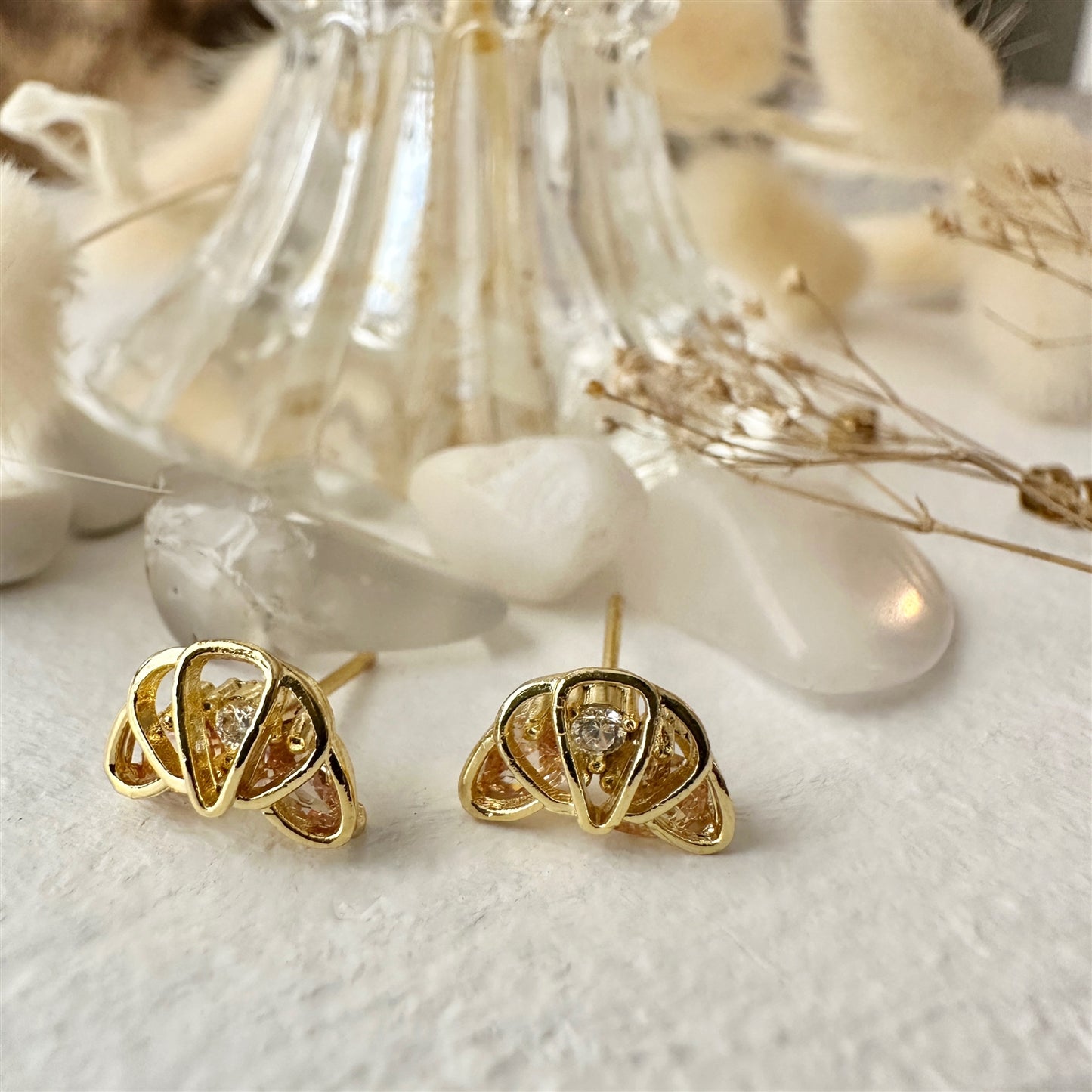 Croissant Gem Encrusted Gold Stud Earrings