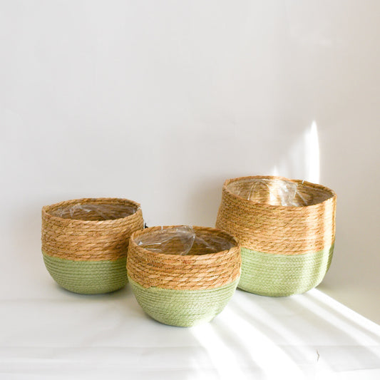 Lined Woven Baskets - Green Accent