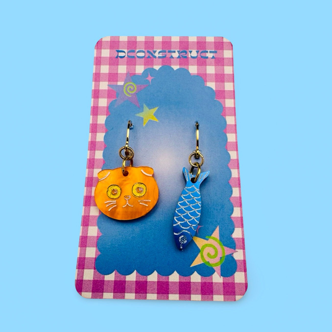 Orange Cat & Sardine Charm Earrings