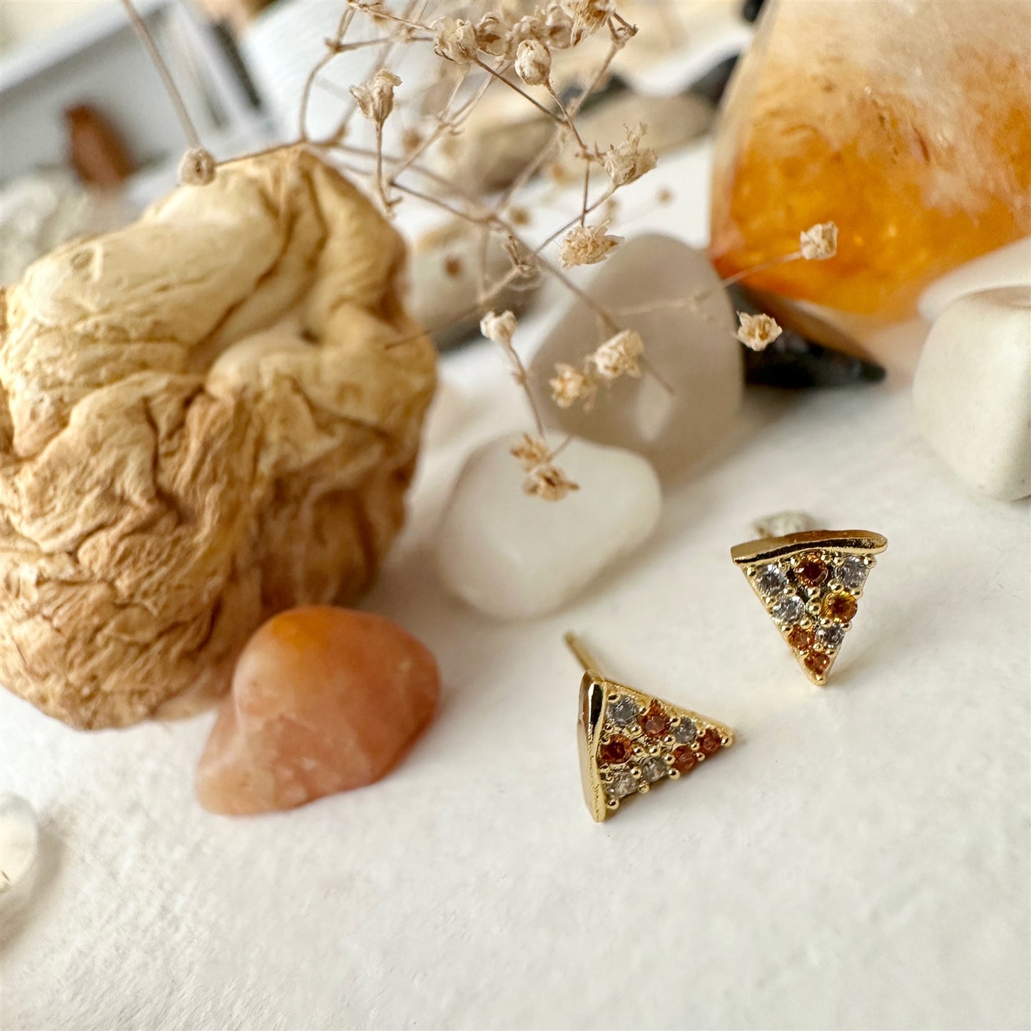 Pizza Gem Encrusted Gold Stud Earrings