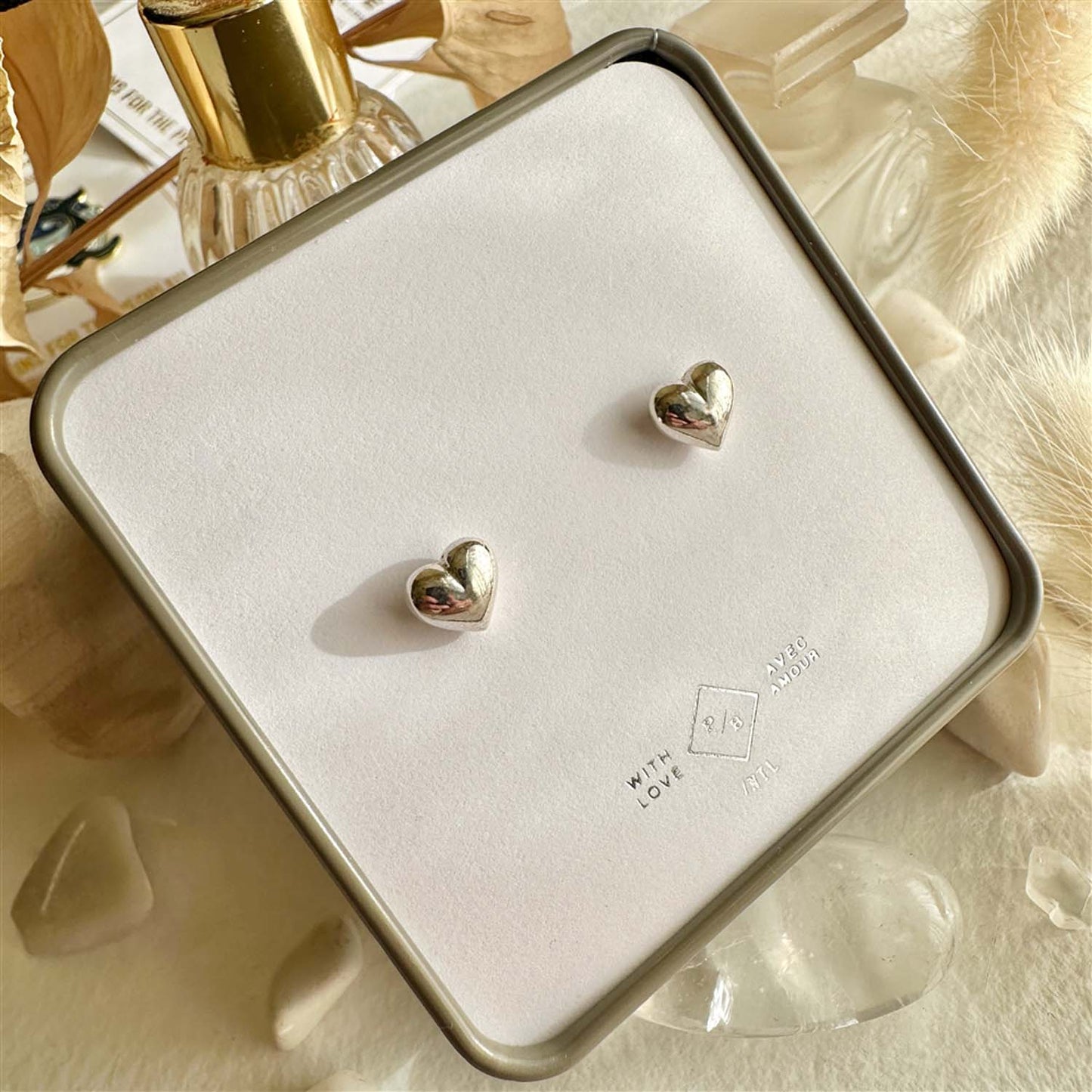 Puffed Heart Silver Stud Earrings