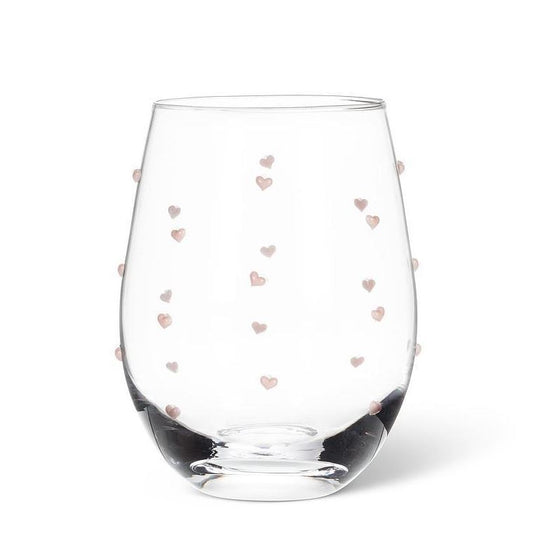 Stemless Wine Glass with Pink Hearts - Set of 2