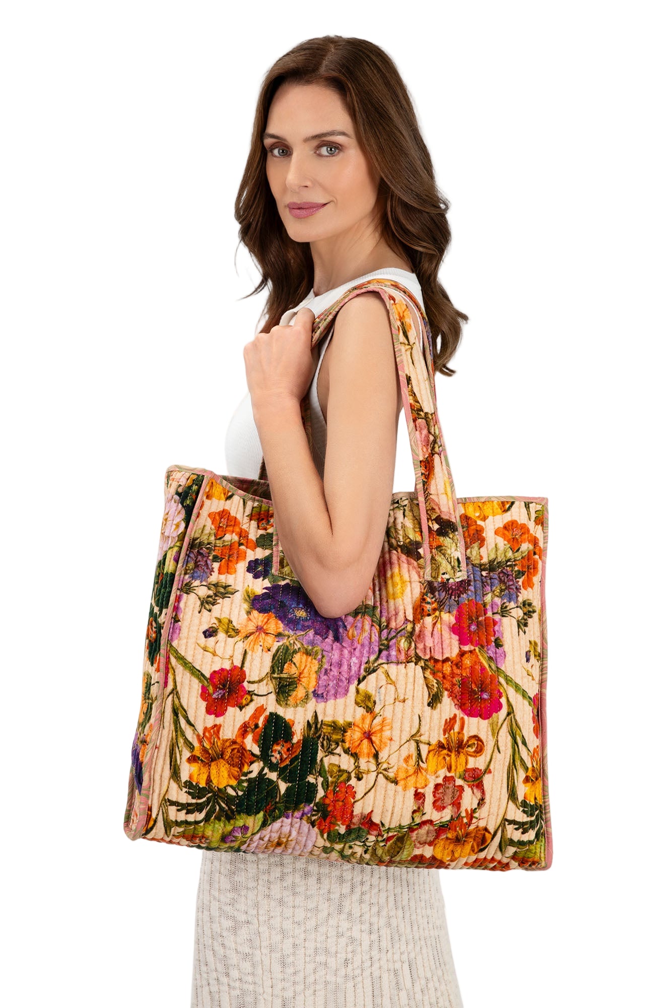 Velvet Quilted Tote Bag - Cream Posy