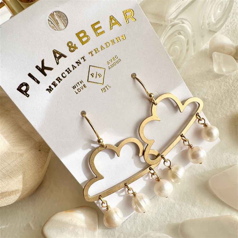Raw Brass Cloud Drop Pearl Earrings