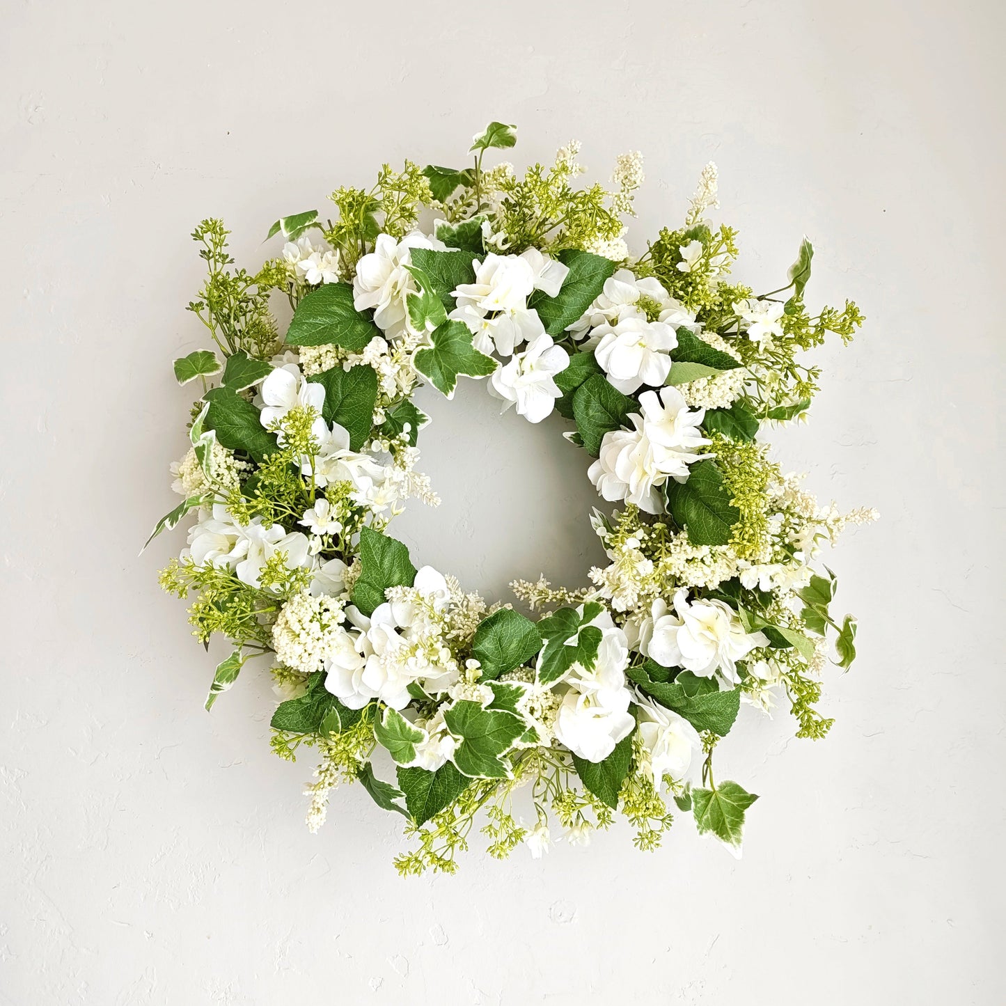 White Hydrangea & Greenery Wreath 24"