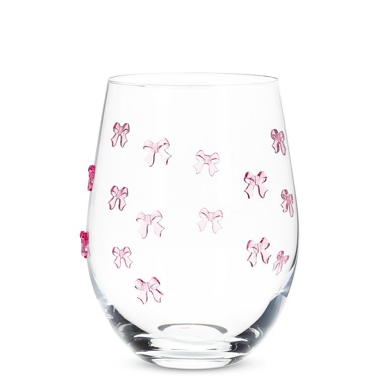 Stemless Wine Glass with Pink Bows Set/2