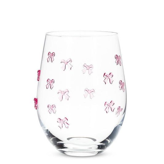 Stemless Wine Glass with Pink Bows Set/2