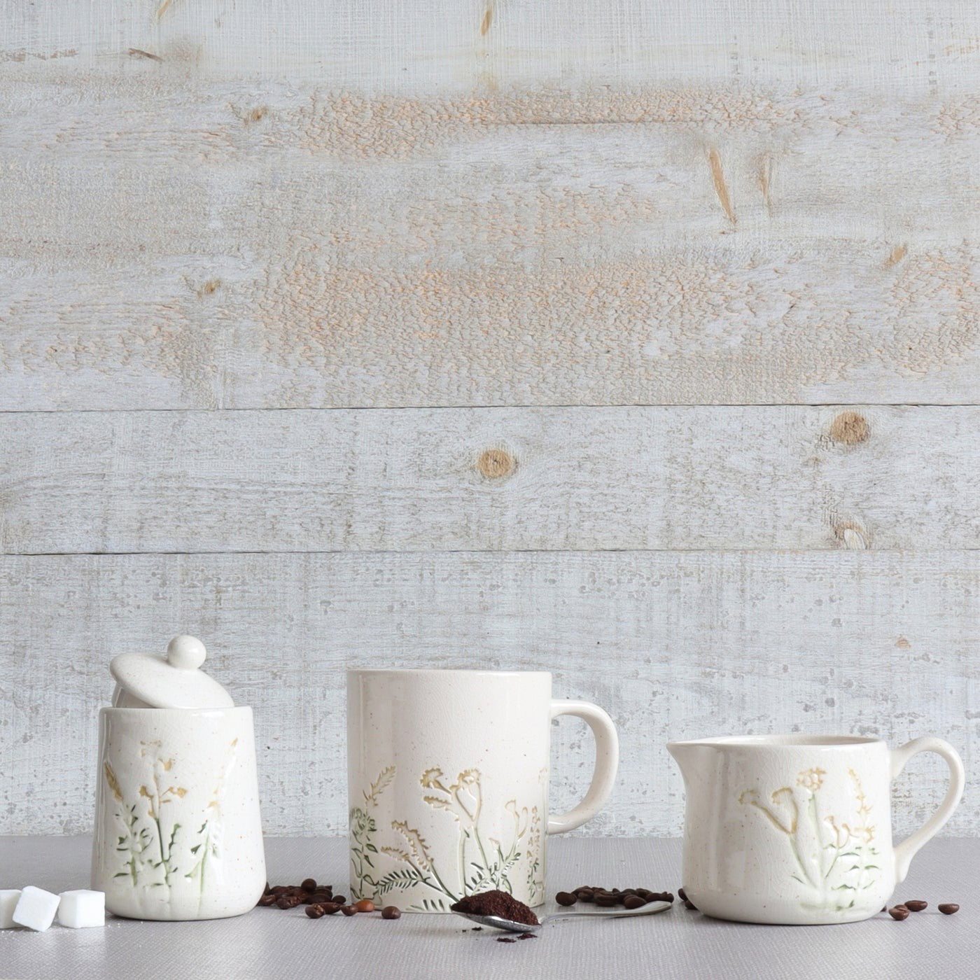 Embossed Floral Creamer and Sugar Pots