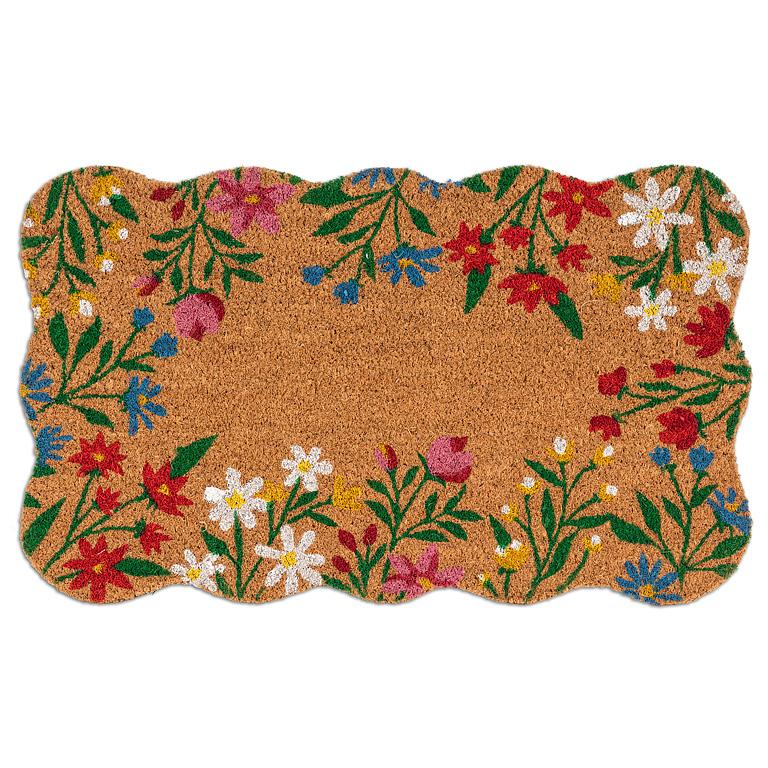 Floral Border Doormat with Scalloped Edge