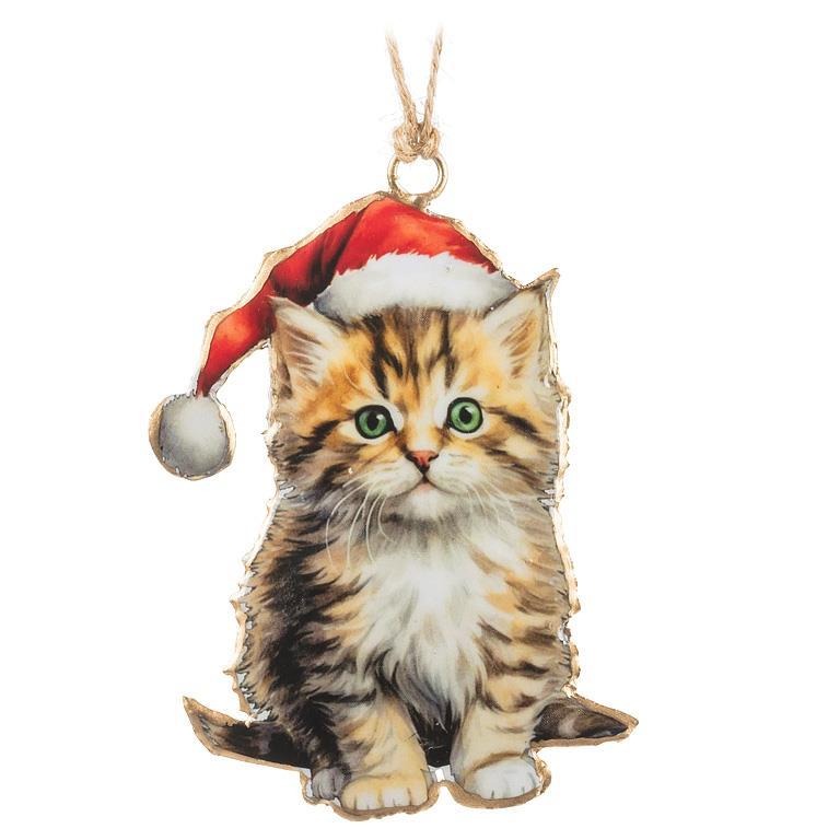 Kitten with Santa Hat Metal Ornament