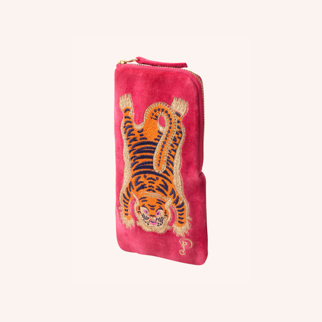 Velvet Embroidered Sunglasses Pouch - Ikat Tiger