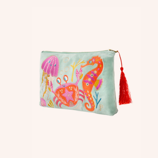 Large Velvet Embroidered Pouch - Seashore Friends