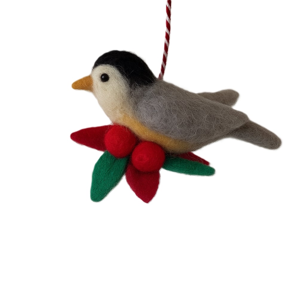 Grey Felt Bird with Berries Ornament
