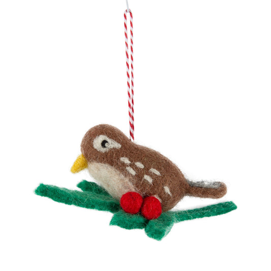 Brown Felt Bird with Berries Ornament