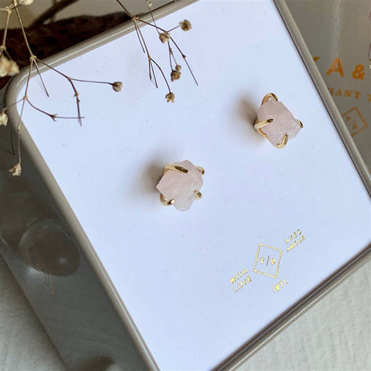 Vanessa Raw Rose Quartz Gold Stud Earrings