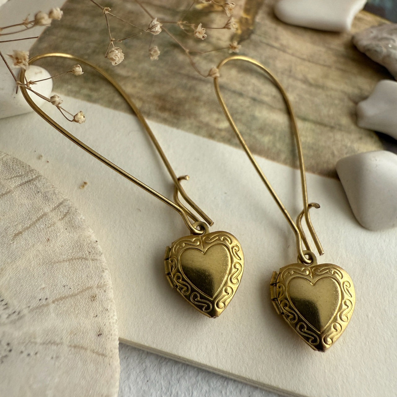 Raw Brass Heart Locket Drop Earrings