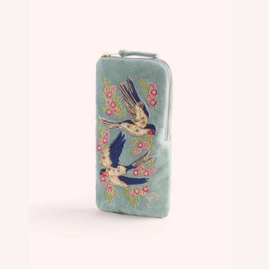 Velvet Embroidered Sunglasses Pouch - Swooping Swallows