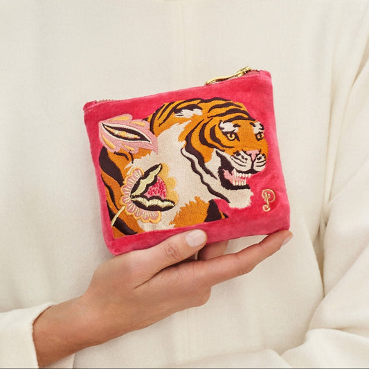 Mini Velvet Embroidered Pouch - Thrill of the Tiger