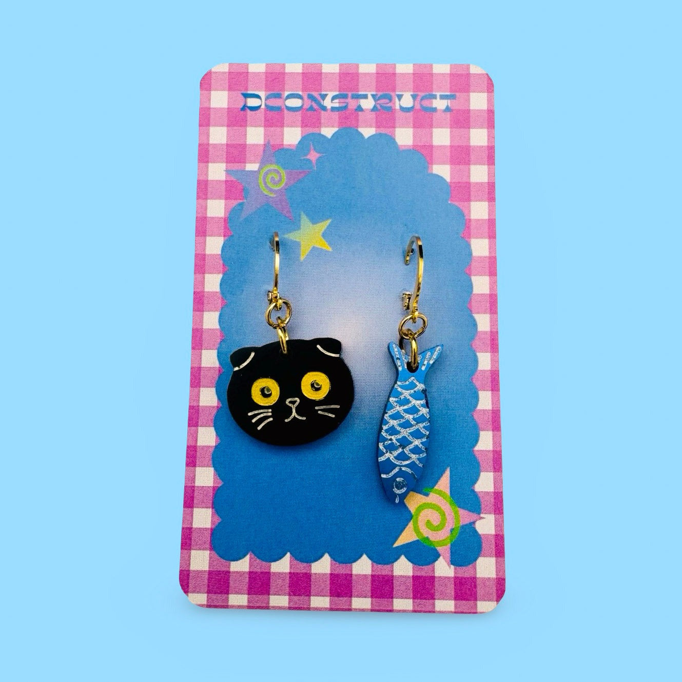 Black Cat & Sardine Charm Earrings