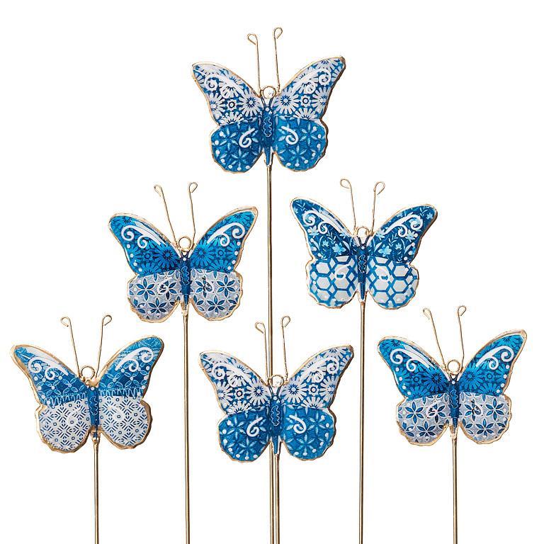 Blue & White Metal Butterfly Plant Stakes