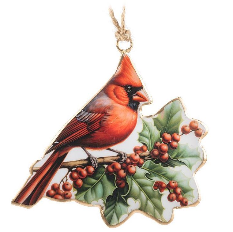 Cardinal & Holly Metal Ornament