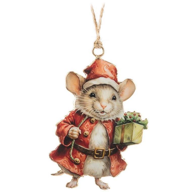 Christmas Mouse with Present Metal Ornament