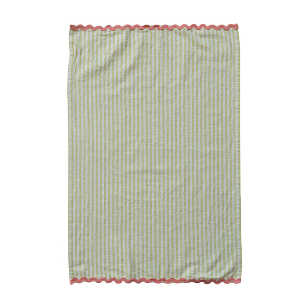 Woven Cotton Striped Tea Towel with Trim