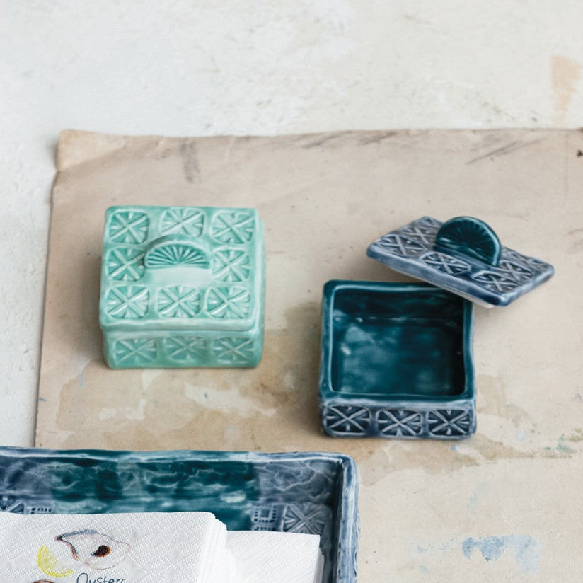 Hand-Painted Debossed Stoneware Salt Cellars with Lid