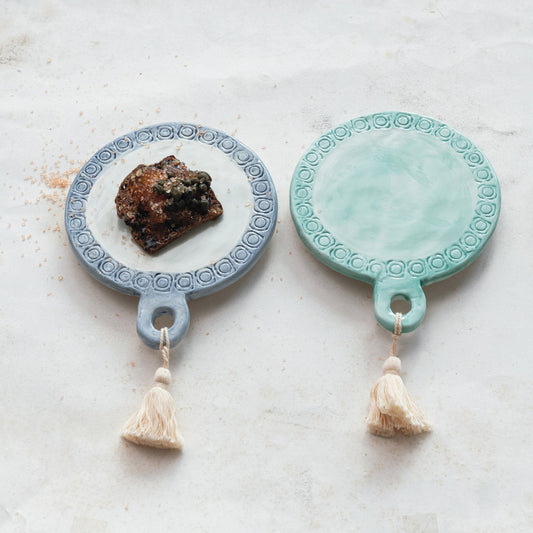 Hand-Painted Debossed Stoneware Round Mini Tapas Board