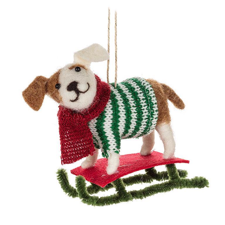Felted Dog on Sled Ornament