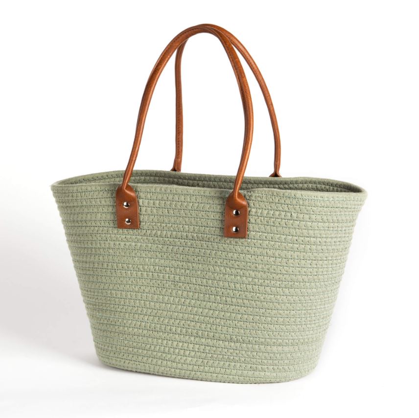 Green Cotton Bag with Brown Handles