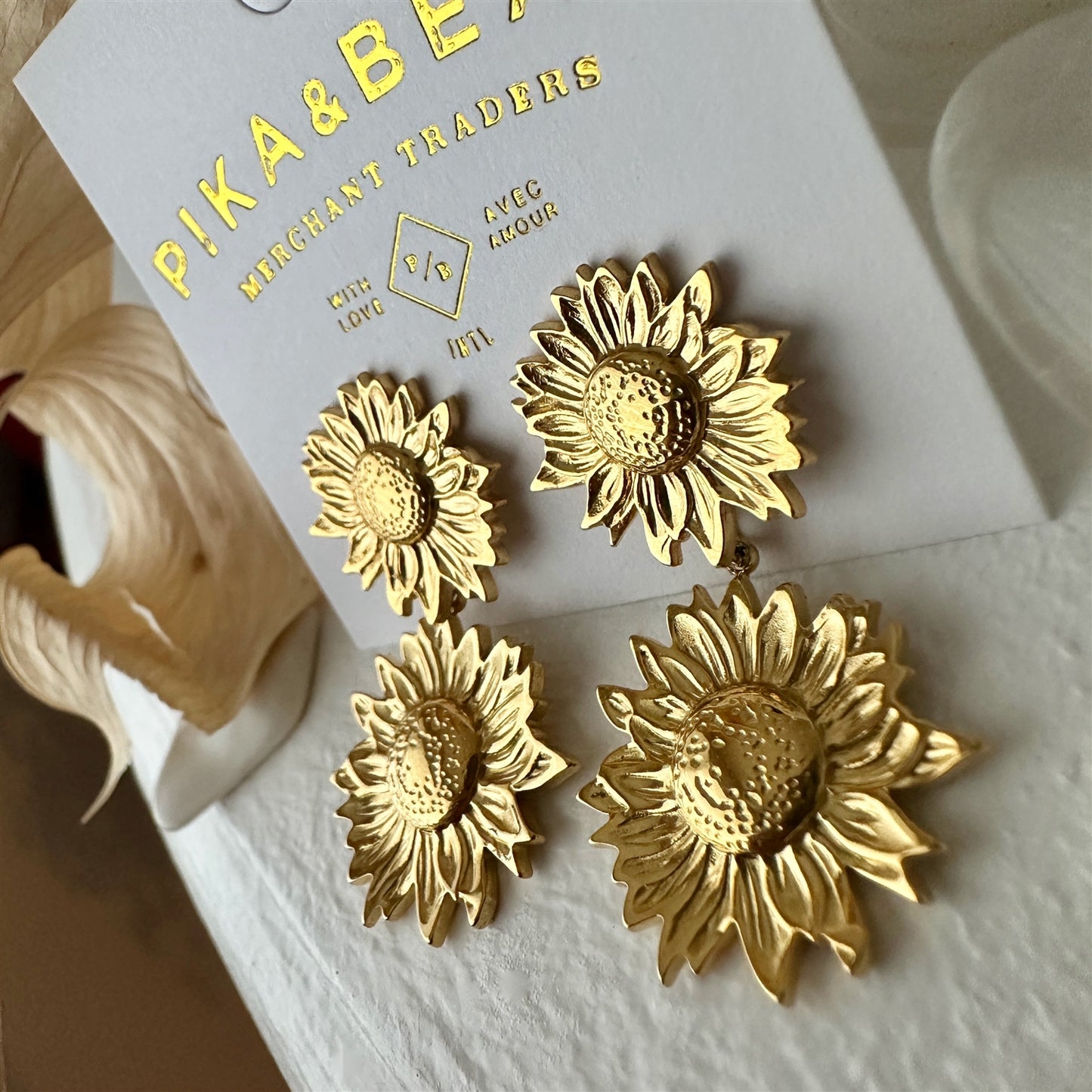 Helian Double Sunflower Gold Drop Earrings