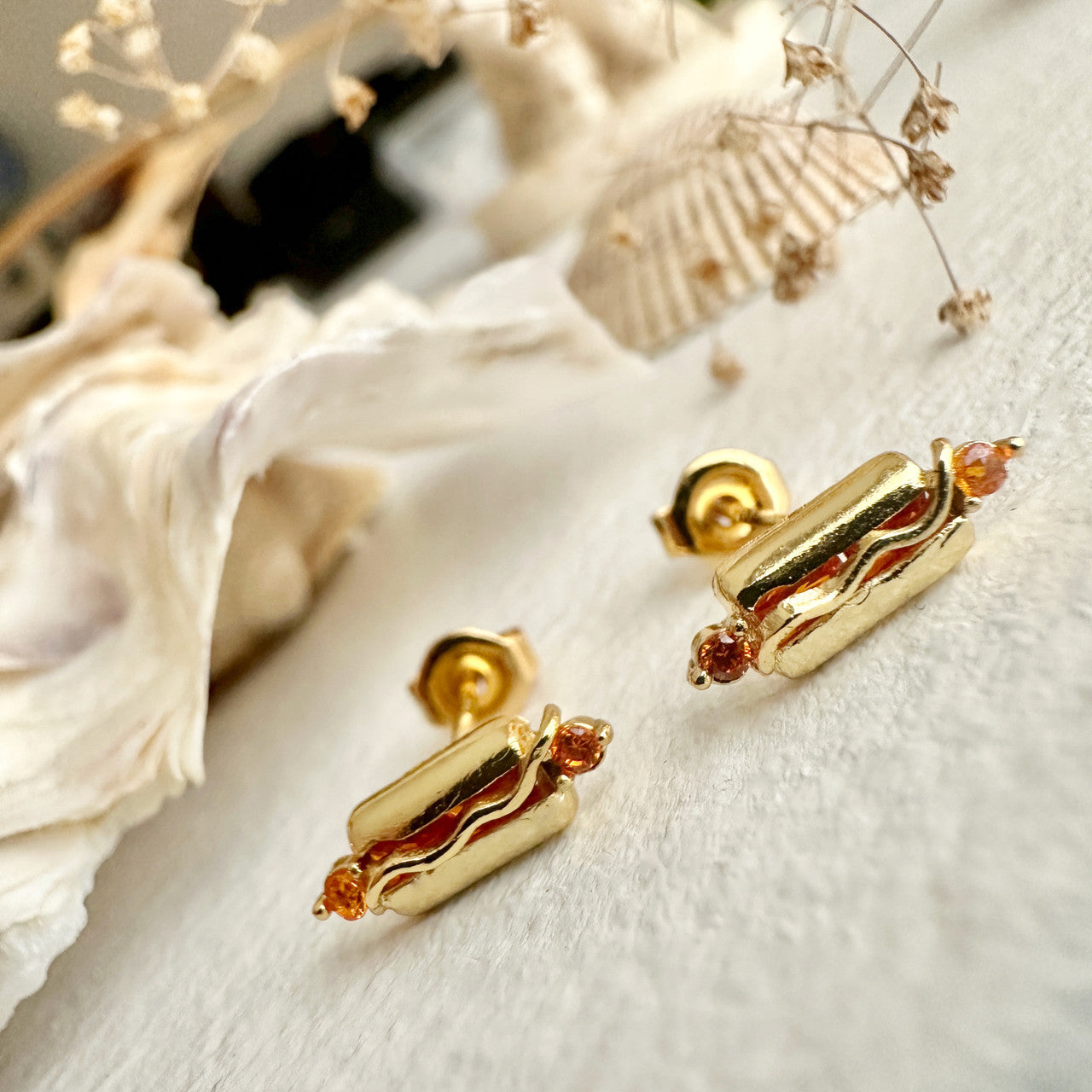 Hot Dog Gem Encrusted Gold Stud Earrings