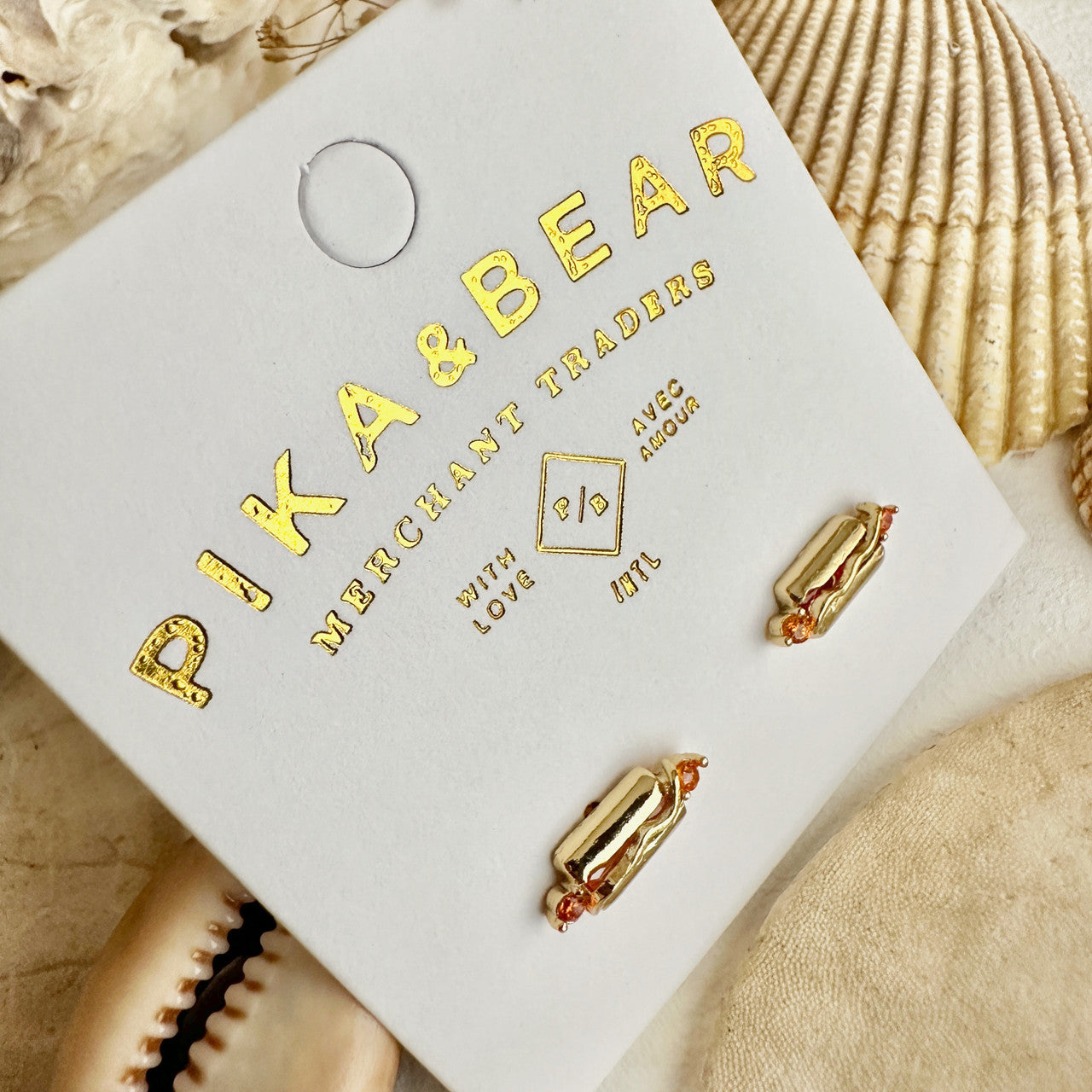 Hot Dog Gem Encrusted Gold Stud Earrings