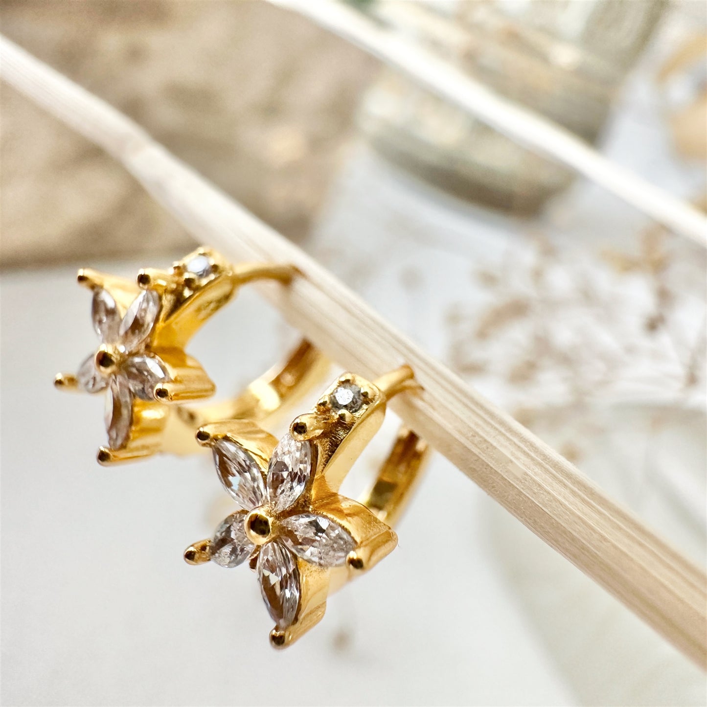 Minata Rhinestone Flower Gold Hoop Earrings