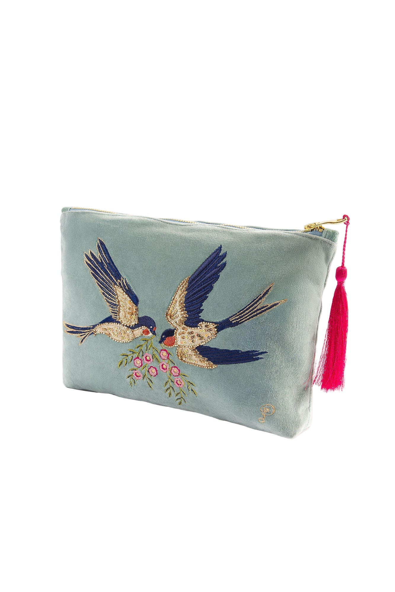 Large Velvet Embroidered Pouch - Swooping Swallows