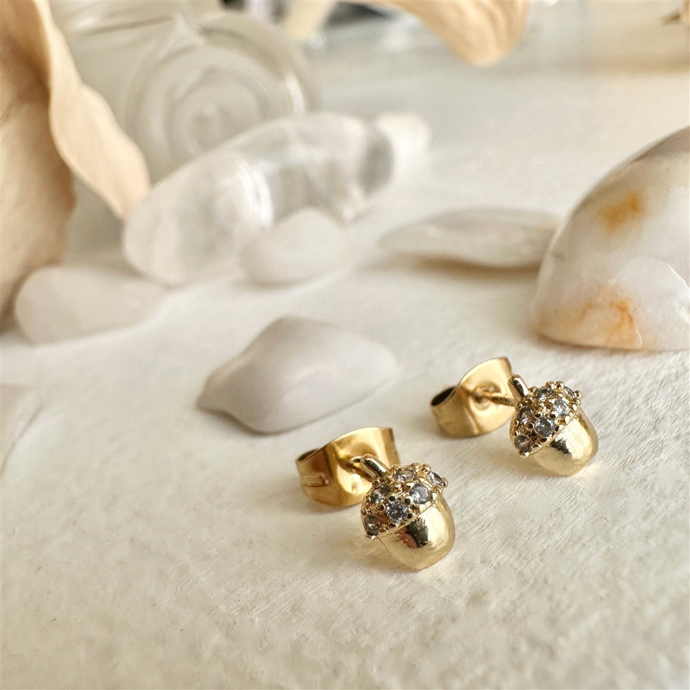 Acorn Gem Encrusted Gold Stud Earrings